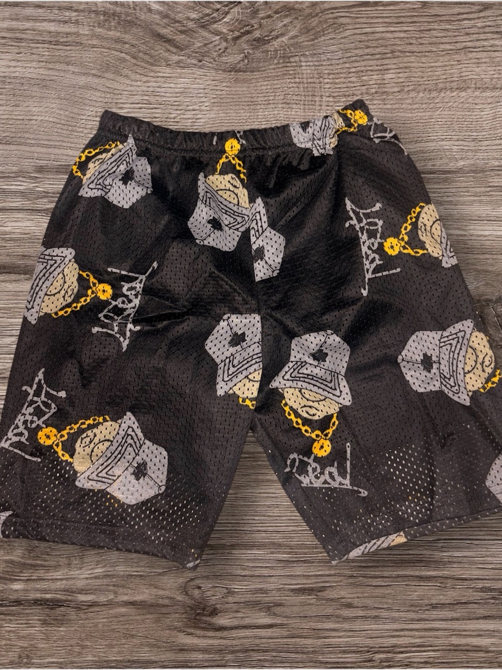 Black Graphic Mesh kids Shorts with Yellow Accent 90s cholos